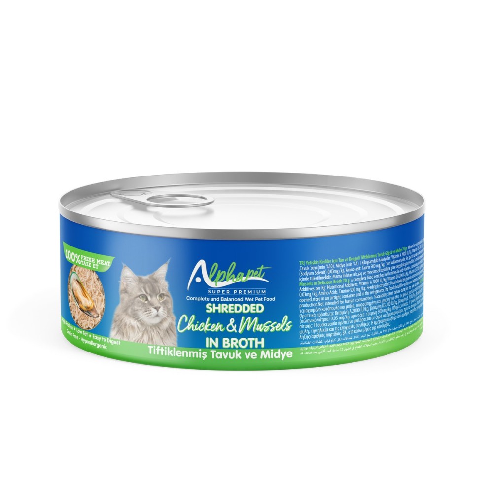 Alphapet Super Premium Κονσέρβα 70γρ για Ενήλικες Γάτες με Κομματάκια Στήθος Κοτόπουλου σε Ζωμό με Μύδια