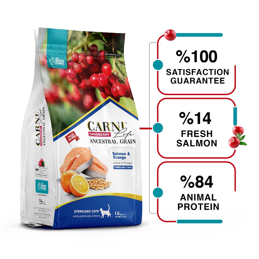 Maya Family Carni Life Cranberry 1,5kg ξηρά τροφή για στειρωμένες γάτες με σολωμό και πορτοκάλι Maya Family Carni Life Cranberry 1,5kg ξηρά τροφή για στειρωμένες γάτες με σολωμό και πορτοκάλι