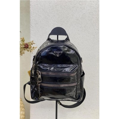 Mega Bag Γυναικείο Σακίδιο Πλάτης με πρόσθετο αφαιρούμενο λουρί Μαύρο Δέρμα Γυαλιστερό