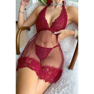 Merry See Sexy γυναικείο νυχτικό με δαντέλα, διαφάνεια και κιλοτάκι κόκκινο