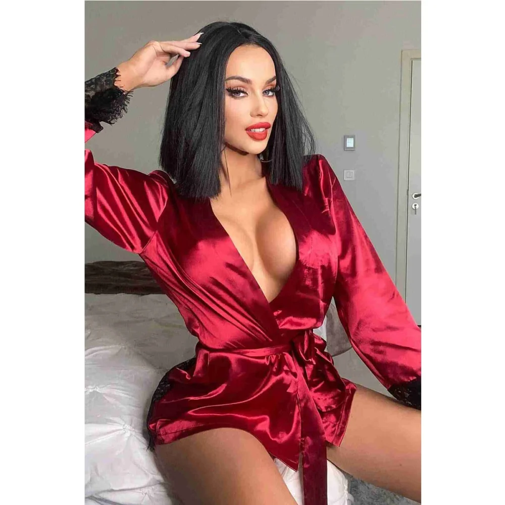 Merry See Sexy Γυναικεία σατέν κοντή ρόμπα με δαντέλα στο πίσω μέρος Κόκκινο Merry See Sexy Γυναικεία σατέν κοντή ρόμπα με δαντέλα στο πίσω μέρος Κόκκινο