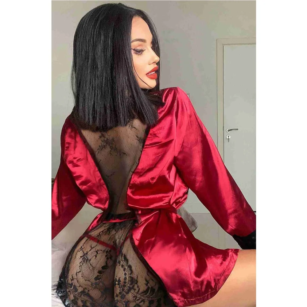 Merry See Sexy Γυναικεία σατέν κοντή ρόμπα με δαντέλα στο πίσω μέρος Κόκκινο Merry See Sexy Γυναικεία σατέν κοντή ρόμπα με δαντέλα στο πίσω μέρος Κόκκινο
