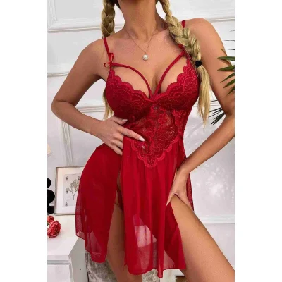 Merry See Sexy γυναικείο νυχτικό με διαφάνεια και κιλοτάκι Κόκκινο