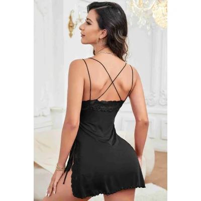 Merry See Sexy Νυχτικό με δεσίματα και δαντέλα Μαύρο