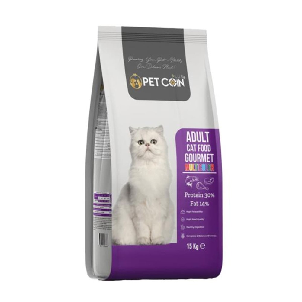 Pet coin Plus (30 protein 14 fat) 15kg Ξηρά Τροφή για Ενήλικες Γάτες Gourmet Multicolor με Αρνί, Κοτόπουλο και Σολομό