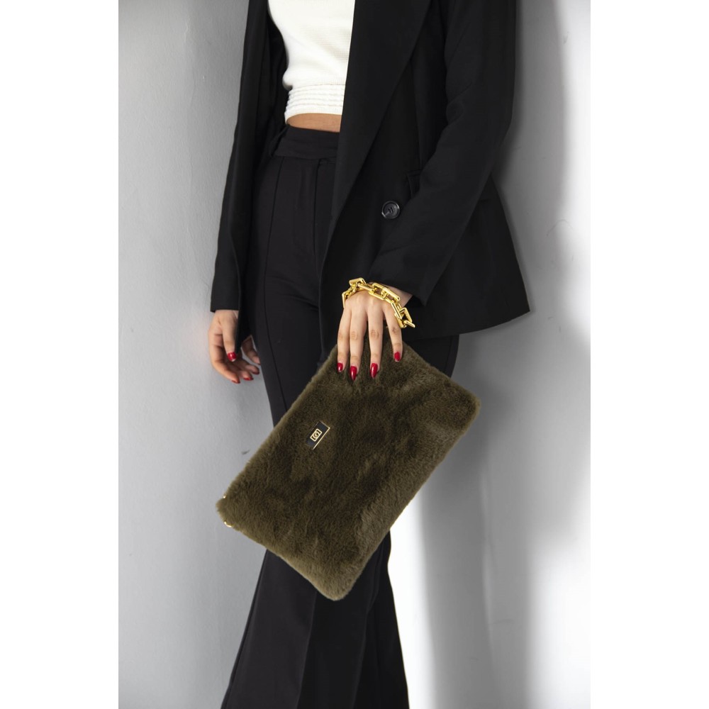 Silver Polo Χακί Βελούδινη Clutch Τσάντα μονής θήκης