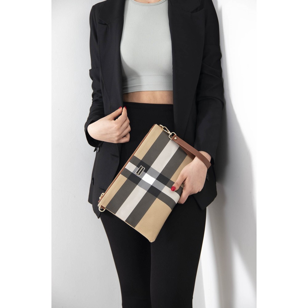 Silver Polo Μπεζ Clutch Τσάντα μονής θήκης με μοτίβο καρό