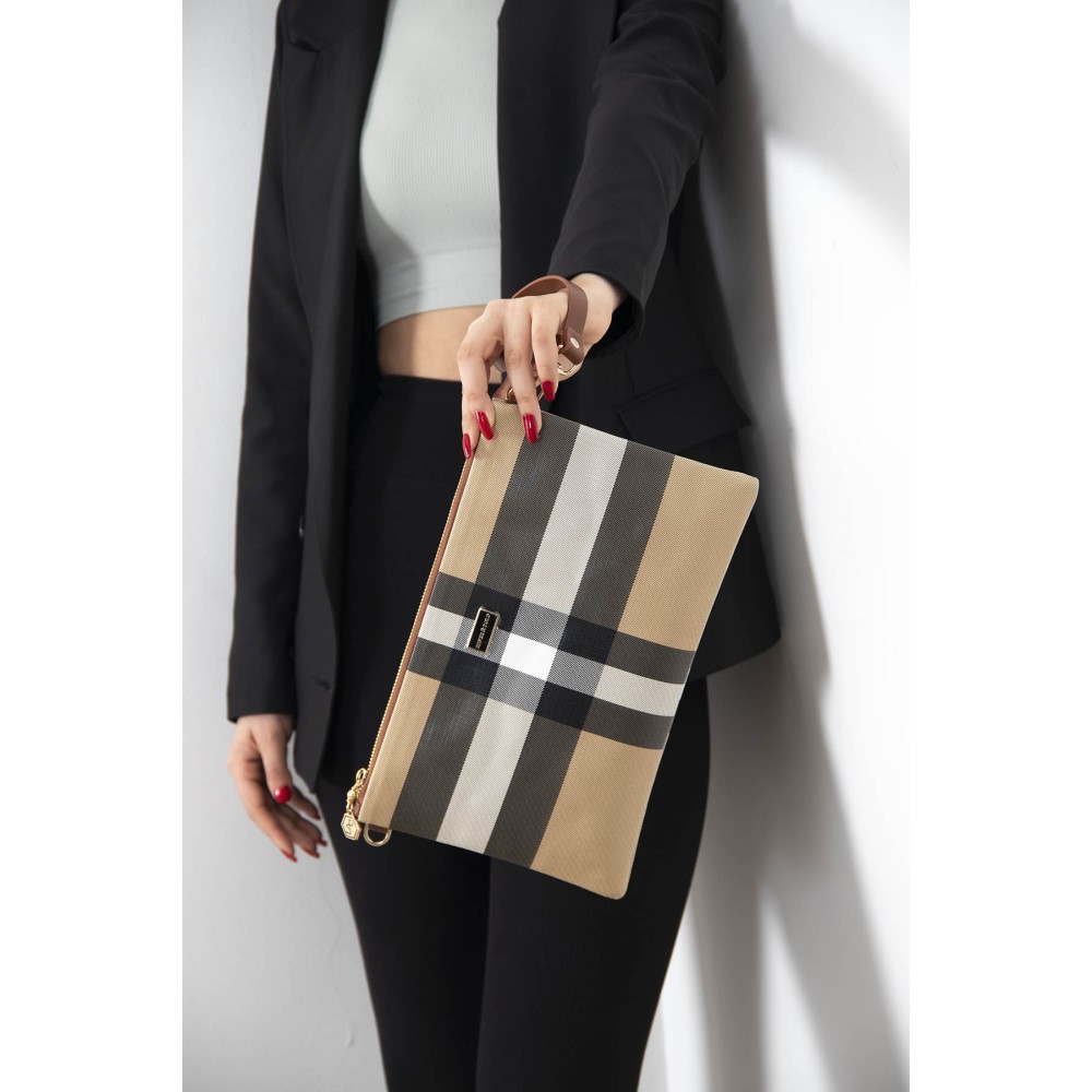 Silver Polo Μπεζ Clutch Τσάντα μονής θήκης με μοτίβο καρό