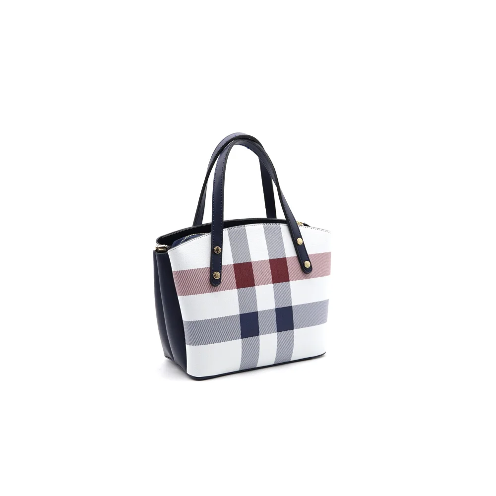 Silver Polo Μπλε Λευκή Γυναικεία Τσάντα χειρός mini με μοτίβο κάρο Silver Polo Μπλε Λευκή Γυναικεία Τσάντα χειρός mini με μοτίβο κάρο