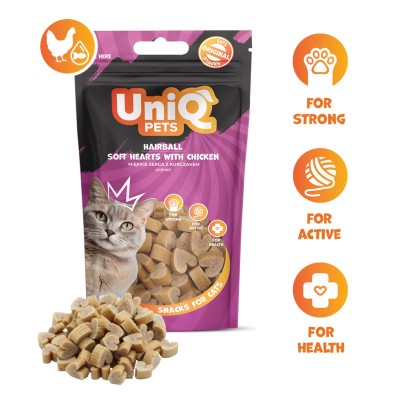 Uniq 50gr Λιχουδιά για Γάτες για Τριχόμπαλες Μαλακές Καρδιές με Κοτόπουλο