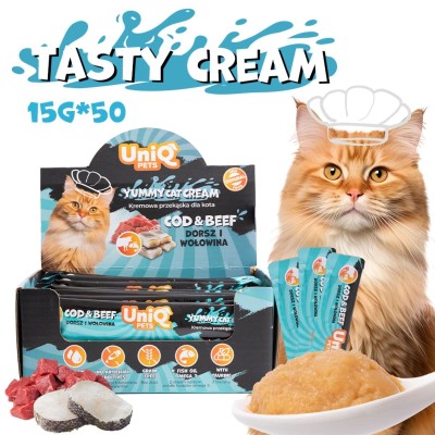 Uniq Yummy Cat Cream 15gr για Γάτες με Μπακαλιάρο και Βοδινό 50τμχ